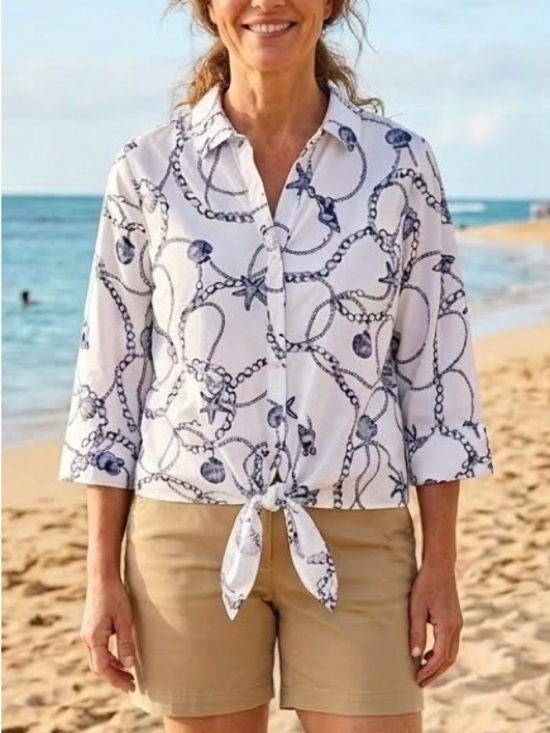 Chico's Tops - Chico's No Iron Seashell Tie-Front Top Nautical Blue White Blouse Size 2 Large